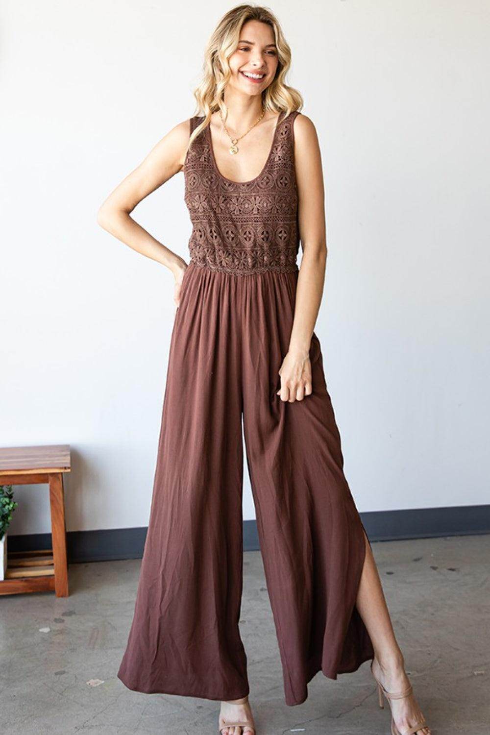 First Love Tie Back Sleeveless Slit Wide Leg Jumpsuit for Women - Selvanelle
