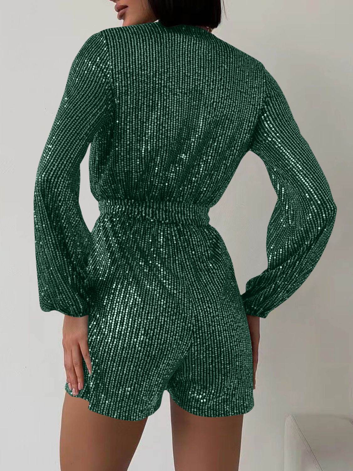 Full Size Sequin Surplice Tie Waist Long Sleeve Romper - Selvanelle