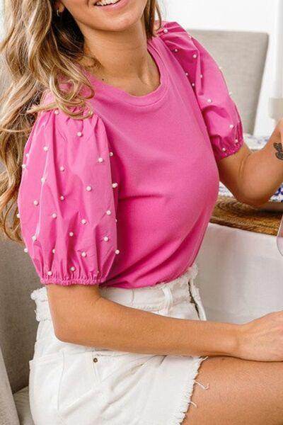 Pearl Detail Round Neck Puff Sleeve Blouse for Women - Selvanelle