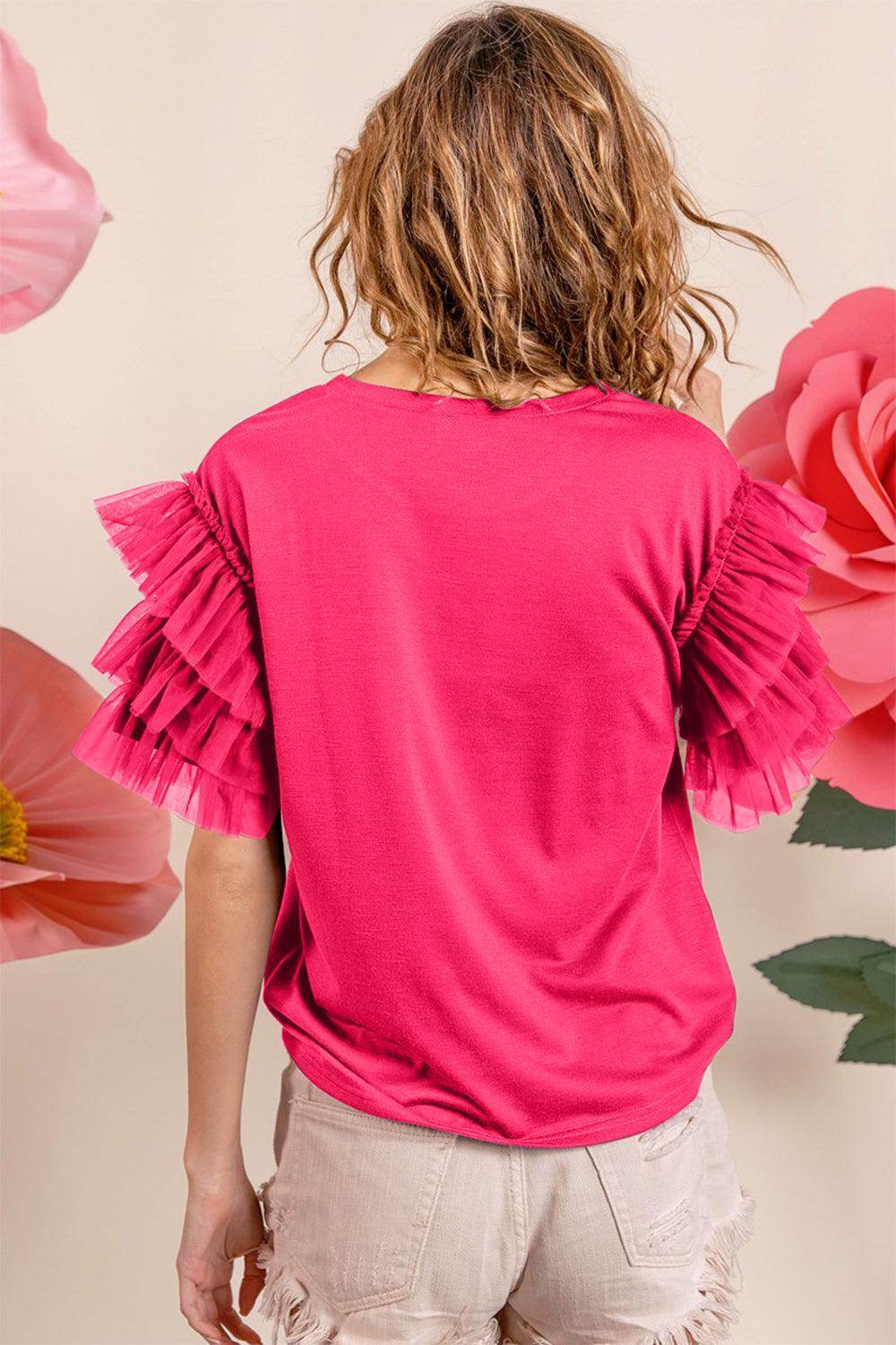 BiBi Ruffle Mesh Lace Layered Short Sleeve Top for Women - Selvanelle