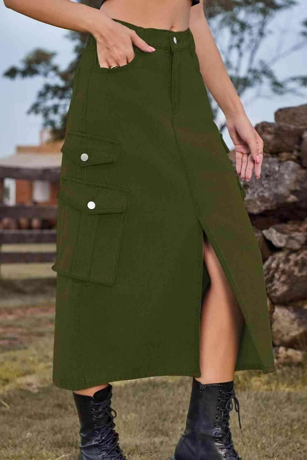 Slit Front Midi Denim Skirt with Pockets for Women - Selvanelle