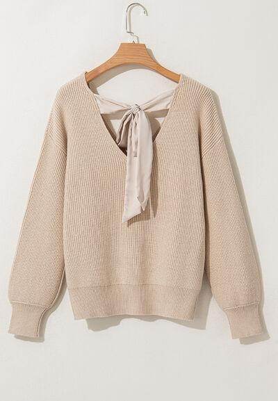 Tied Back V-Neck Long Sleeve Sweater for Women Fashion - Selvanelle
