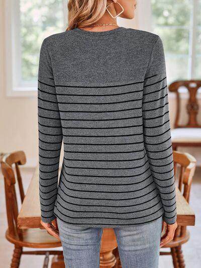 Lovelet Quarter Button Striped Round Neck Long Sleeve T-Shirt - Selvanelle