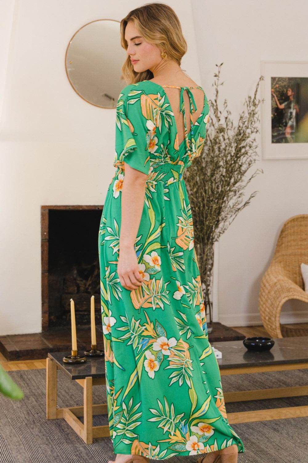 ODDI Full Size Floral Smocked Tied Back Maxi Dress Style - Selvanelle