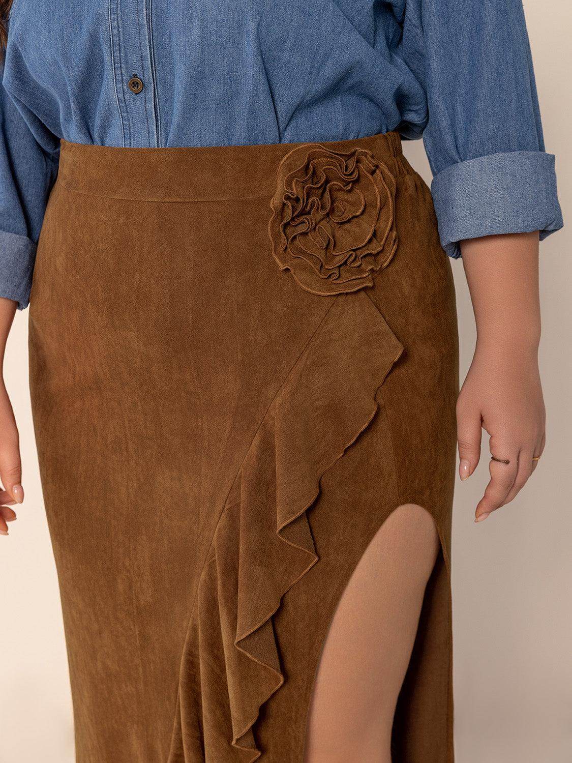 Plus Size Ruffled Slit High Rise Skirt for Stylish Comfort - Selvanelle