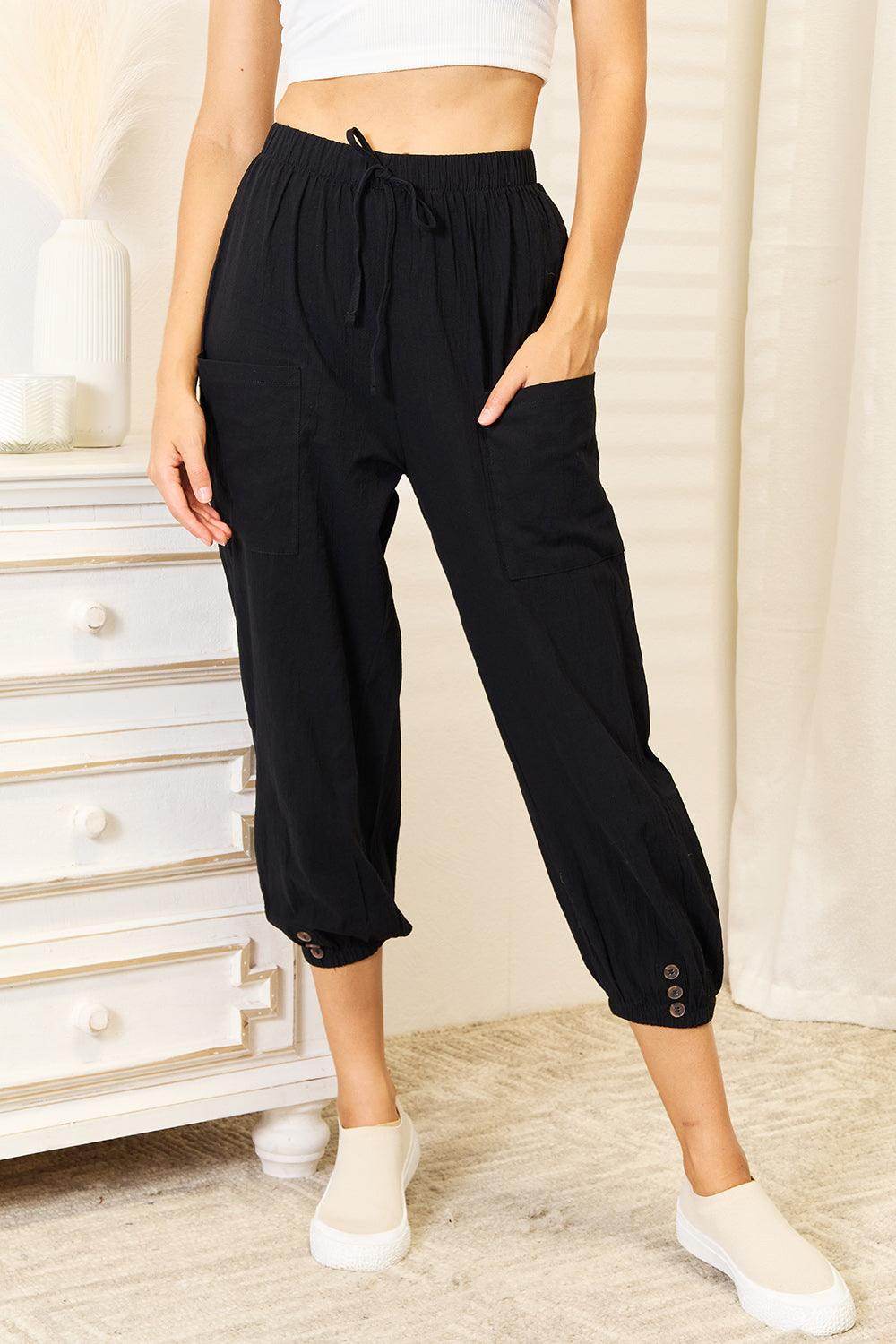 Shiny Decorative Button Cropped Pants for Stylish Outfits - Selvanelle