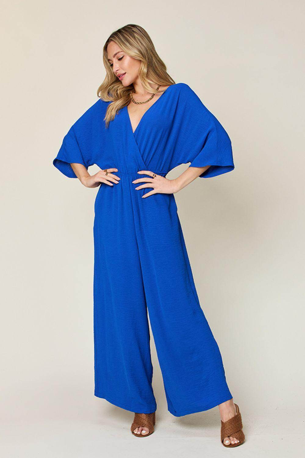 Double Take Full Size Surplice Wide Leg Jumpsuit with Pockets - Selvanelle