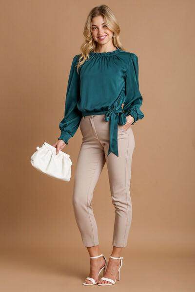 Umgee Frill Tied Hem Long Sleeve Blouse for Women - Selvanelle