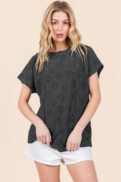 BOMBOM Textured Floral Pattern Short Sleeve T-Shirt for Women - Selvanelle