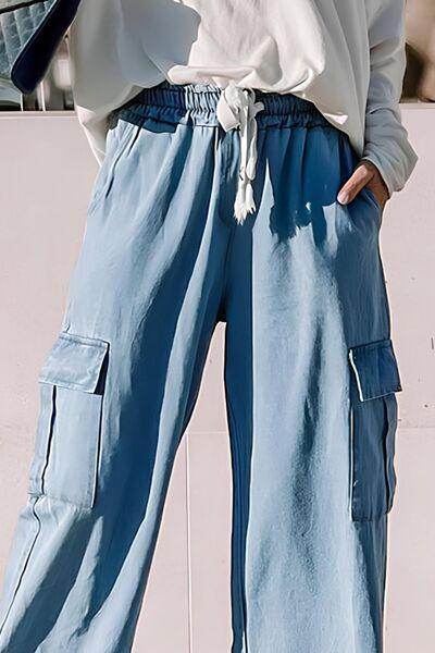 Drawstring Cargo Pocket Wide Leg Jeans for All-Day Comfort - Selvanelle