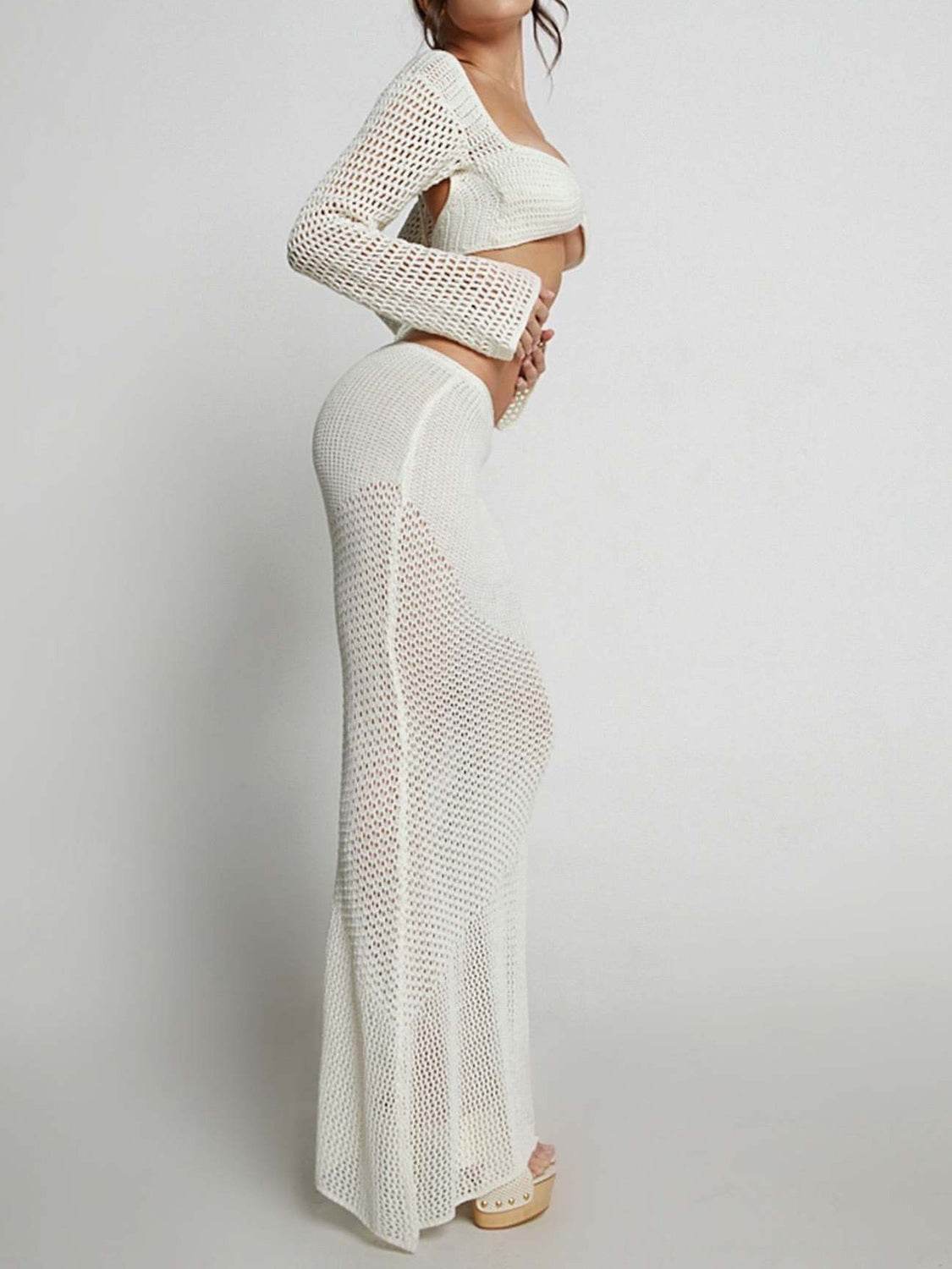 Tied Long Sleeve Top and Skirt Cover Up Set - Selvanelle