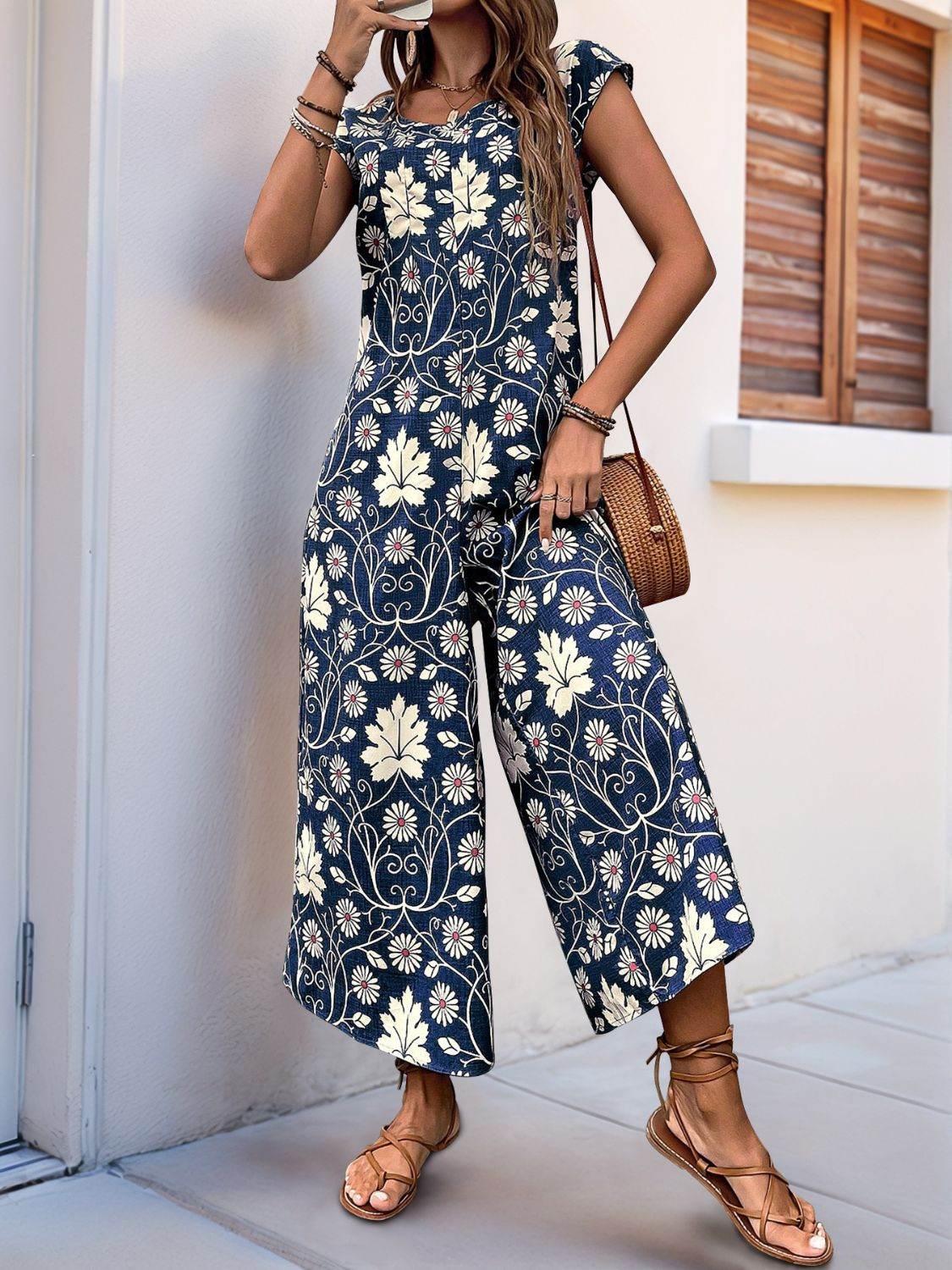 Perfee Printed Round Neck Cap Sleeve Wide Leg Jumpsuit - Selvanelle