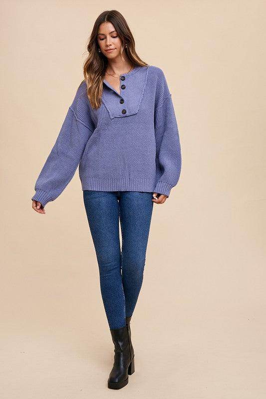 Annie Wear Half Button Ribbed Hem Sweater for Women - Selvanelle