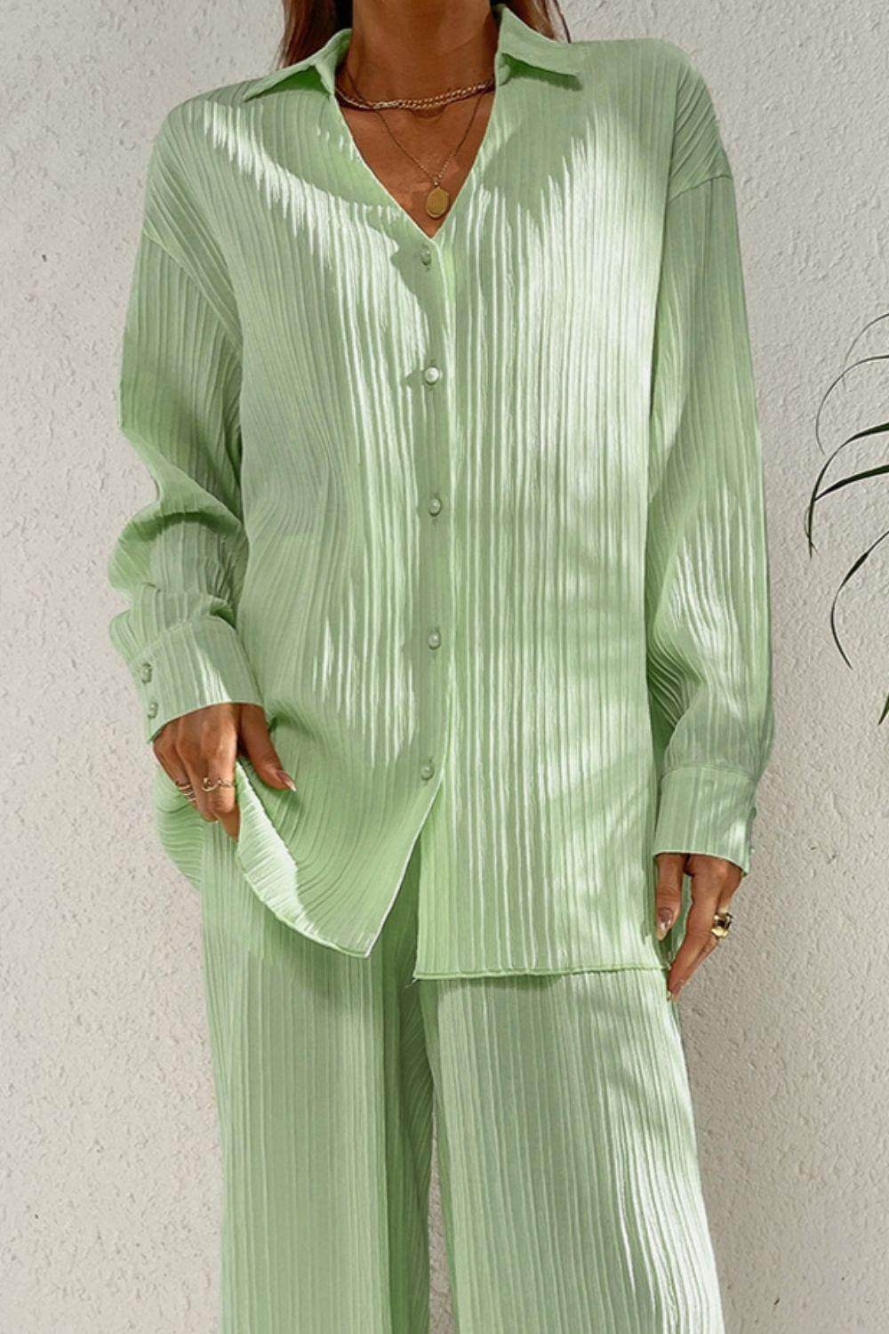 Johnny Collar Button Down Top and Pants Set for Women - Selvanelle