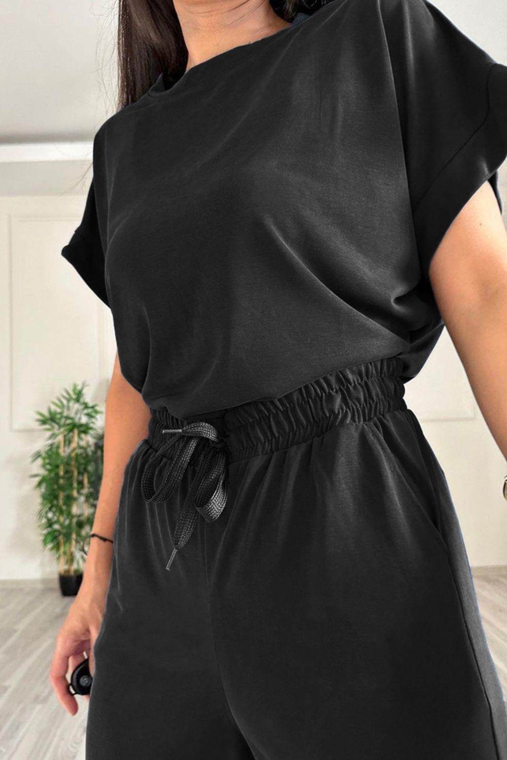 Round Neck Short Sleeve Top and Drawstring Pants Set for Women - Selvanelle