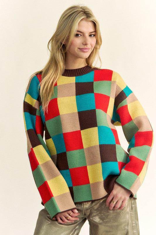 Davi & Dani Color Block Checkered Dropped Shoulder Sweater - Selvanelle
