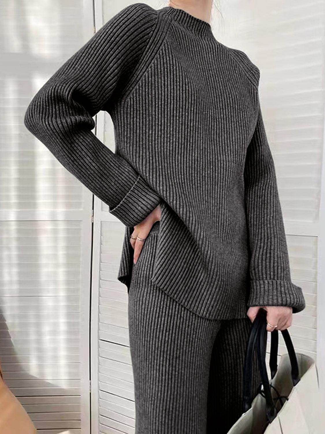 Mock Neck Raglan Sleeve Top and Pants Sweater Set for Women - Selvanelle