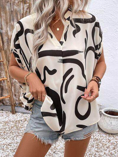 Perfee Printed Notched Half Sleeve Blouse for Women - Selvanelle