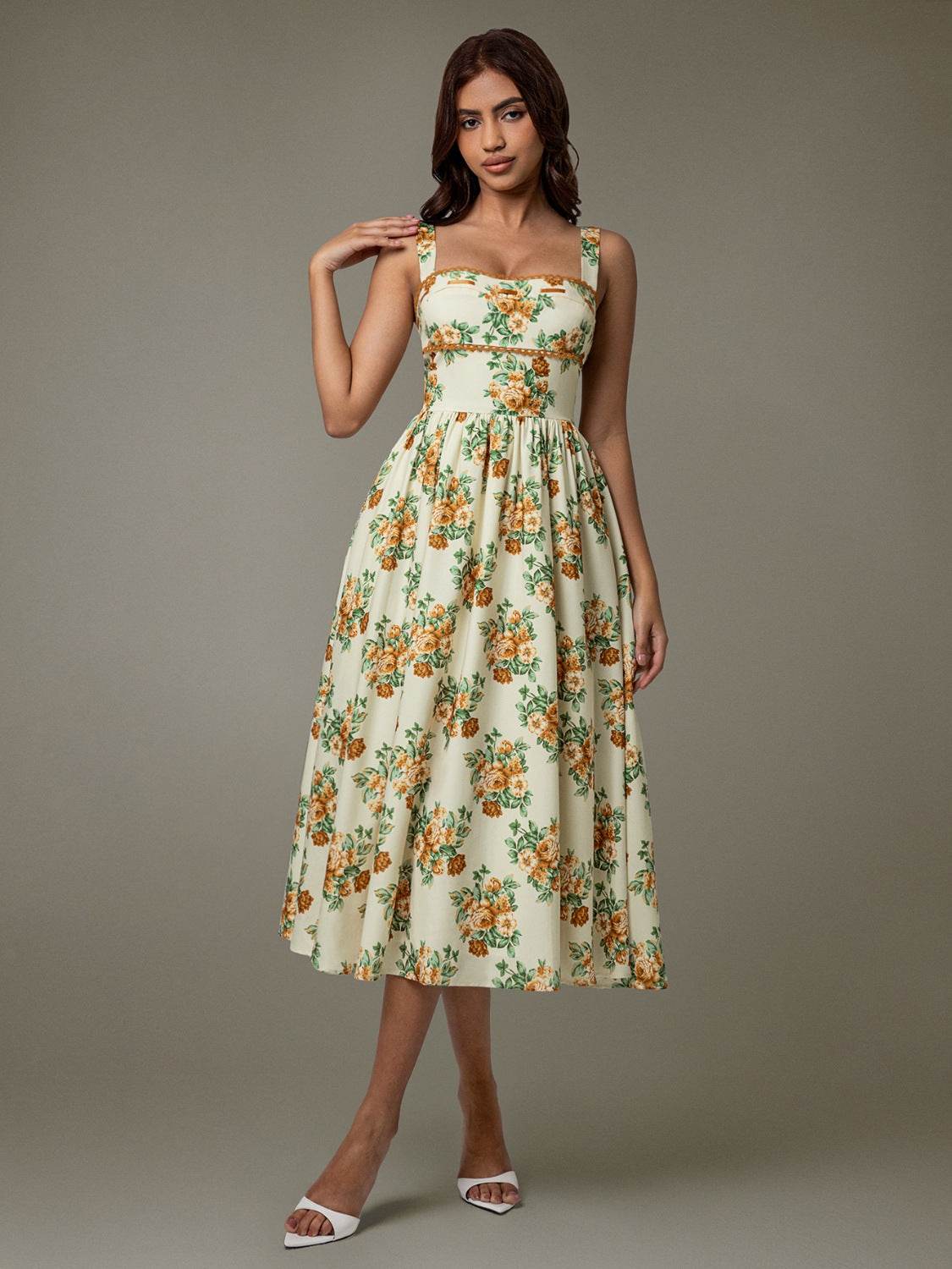 Lace Trim Floral Sleeveless Midi Dress - Selvanelle