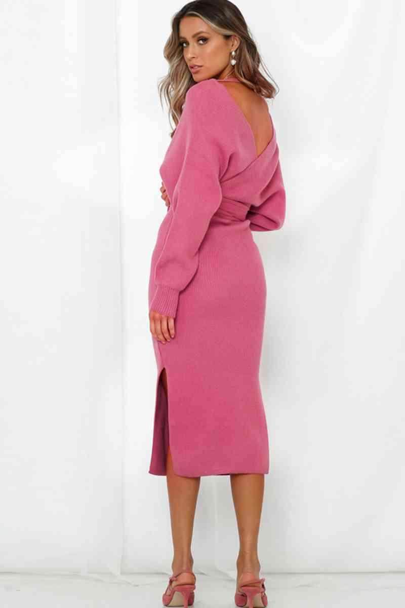 Surplice Neck Bow Waist Slit Sweater Dress for Women - Selvanelle