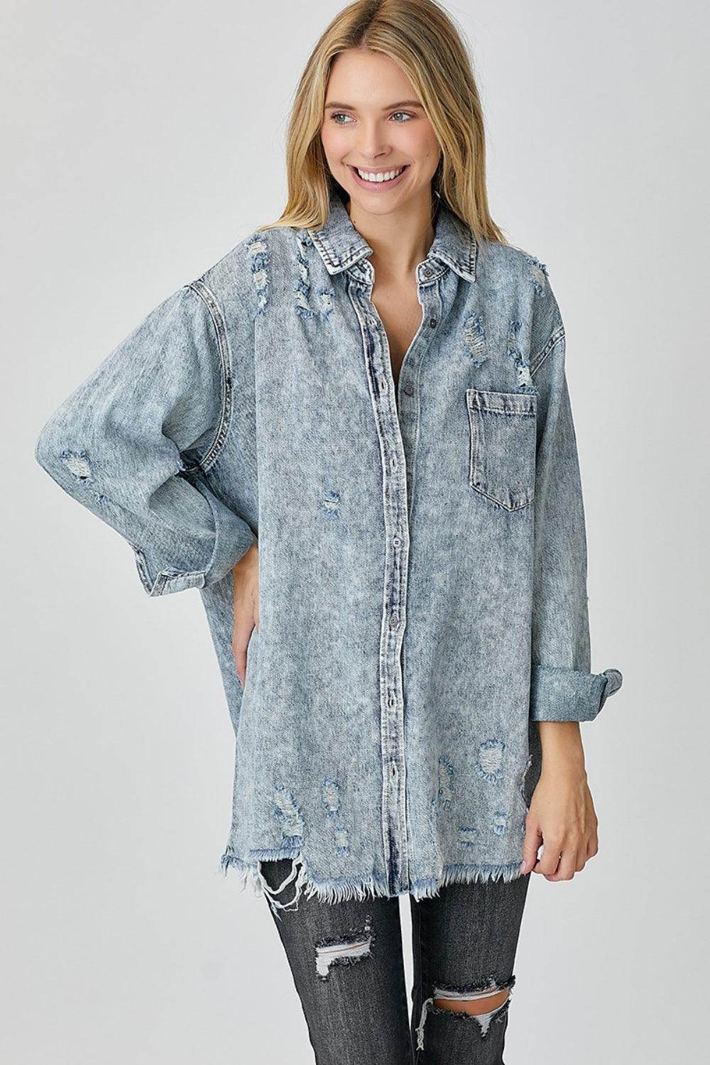 RISEN Distressed Raw Hem Denim Shirt for Casual Style - Selvanelle