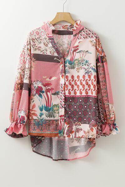 Patchwork Printed Notched Flounce Sleeve Shirt for Women - Selvanelle