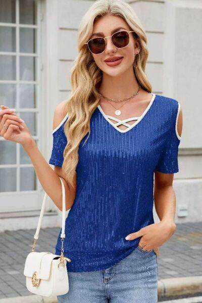 Sequin Cold Shoulder Short Sleeve Blouse for Women - Selvanelle