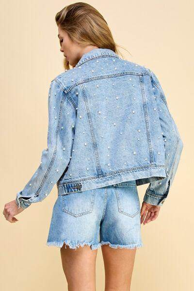 Veveret Button Up Pearl Detail Long Sleeve Denim Jacket - Selvanelle