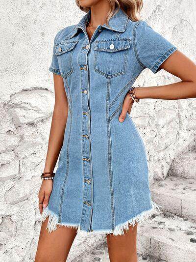 Raw Hem Button Up Short Sleeve Denim Dress for Women - Selvanelle