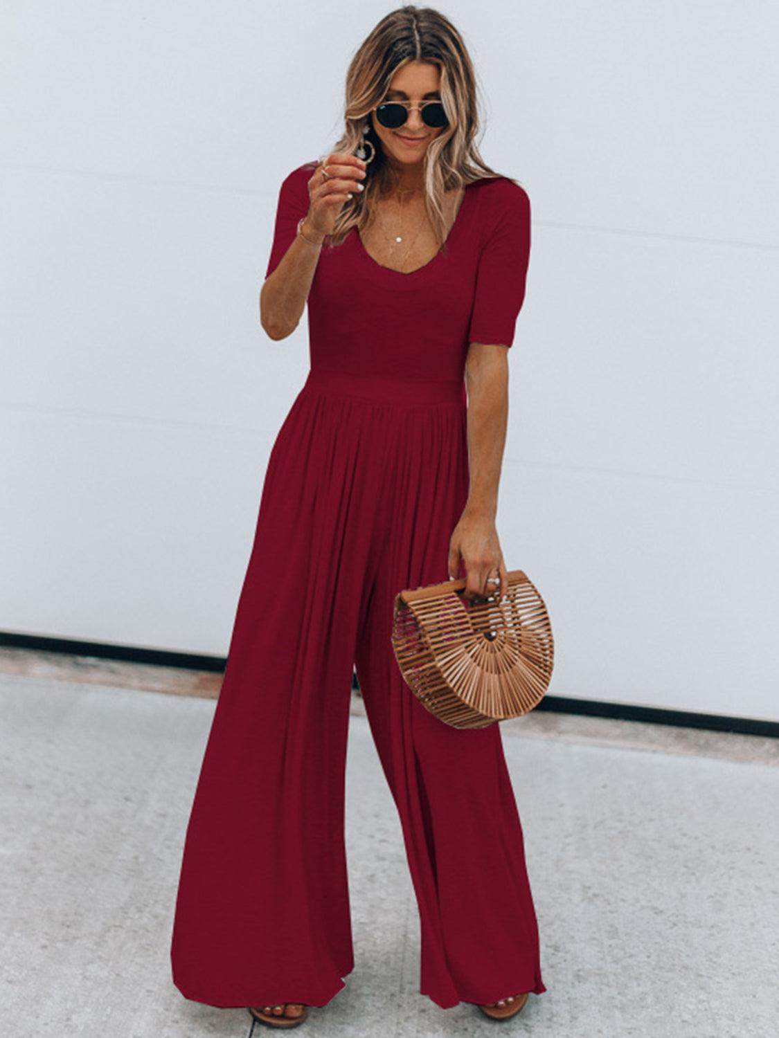 Scoop Neck Short Sleeve Jumpsuit for Casual Comfort - Selvanelle