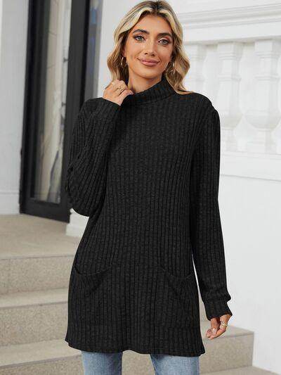 Ribbed Mock Neck Long Sleeve T-Shirt for Women Stylish Wear - Selvanelle