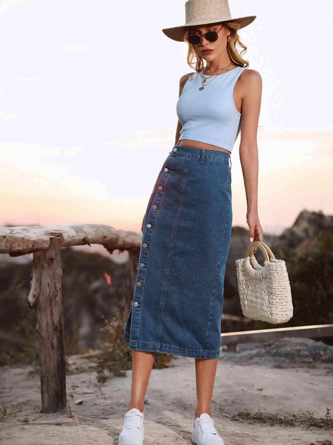 Button Down Denim Skirt for Women in Various Sizes - Selvanelle