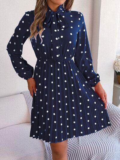 Polka Dot Tie Neck Pleated Dress for Stylish Occasions - Selvanelle