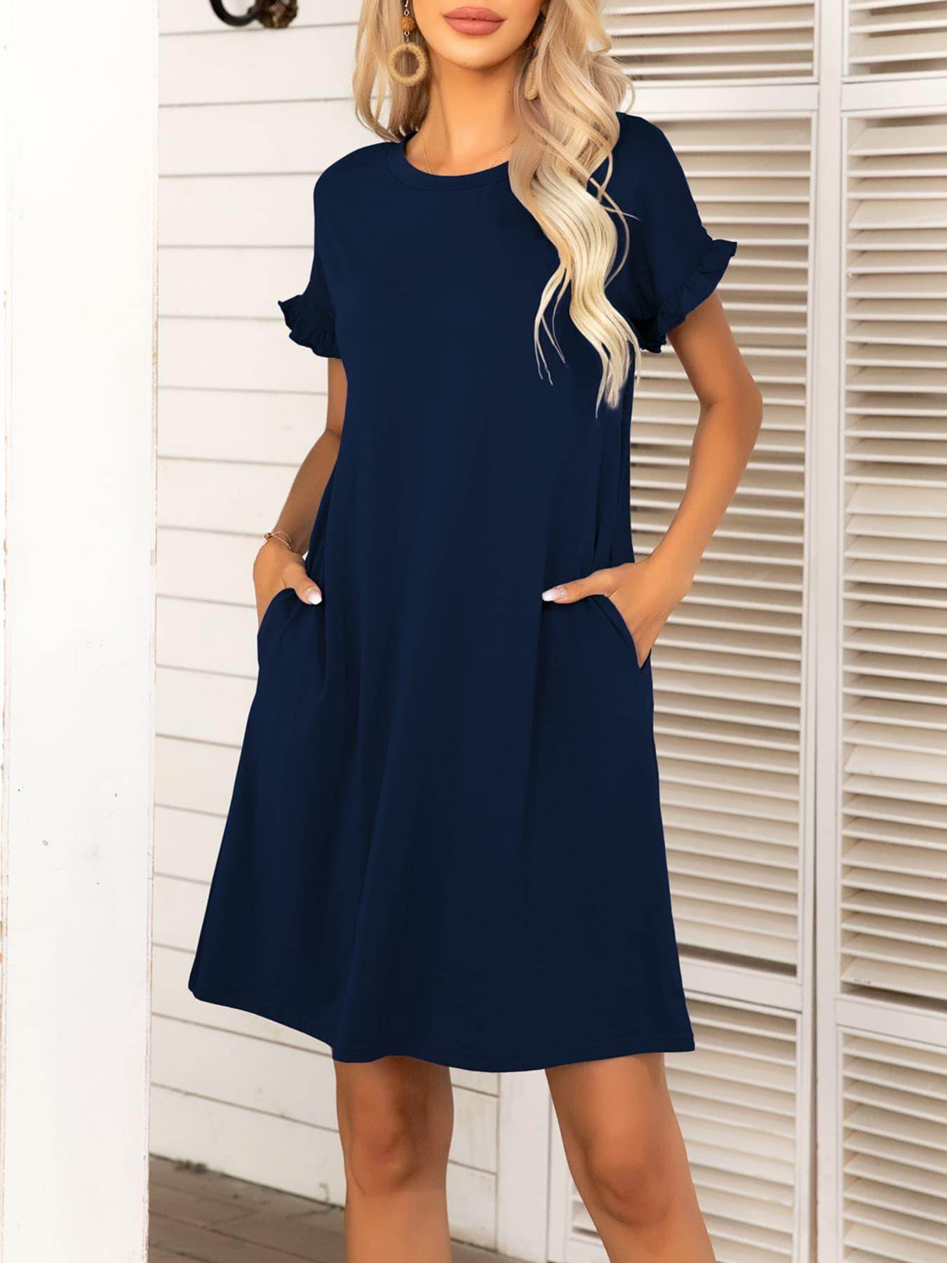 Round Neck Flounce Sleeve Dress with Pockets for Women - Selvanelle