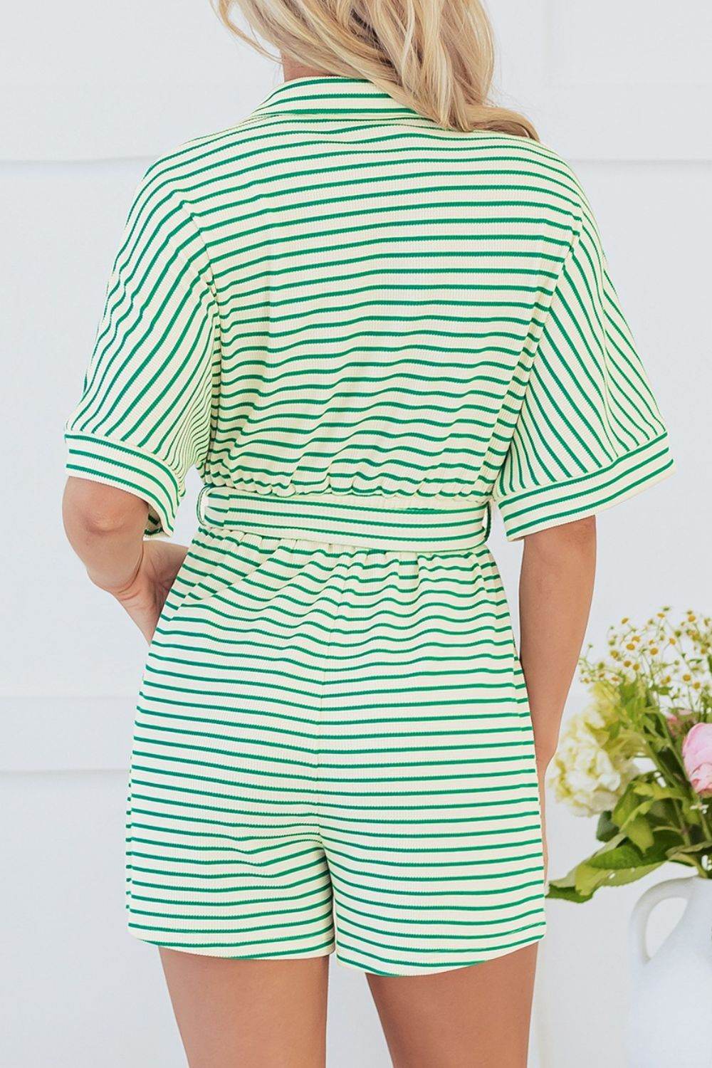 Striped Half Sleeve Tie Waist Romper - Selvanelle