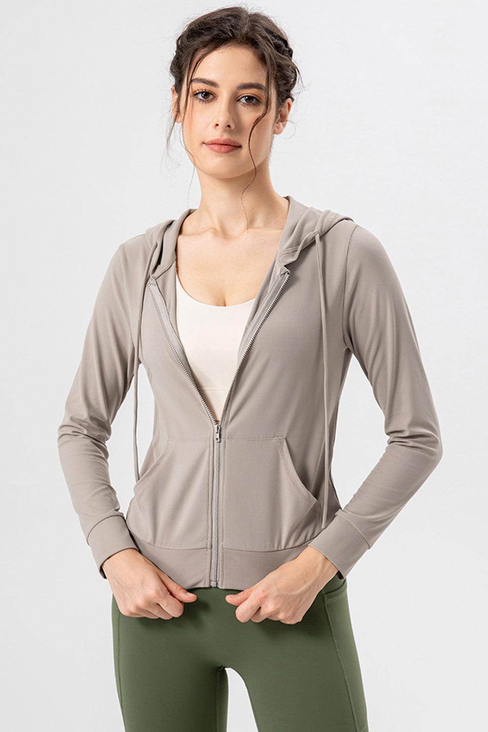 Drawstring Zip Up Hooded Active Outerwear for Women - Selvanelle