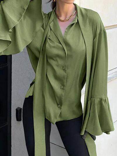 Button Down Flounce Sleeve Shirt for Stylish Women - Selvanelle