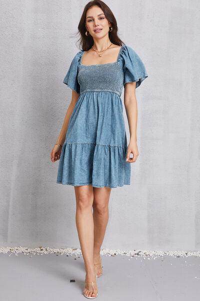 Smocked Square Neck Mini Denim Dress for Women Stylish - Selvanelle