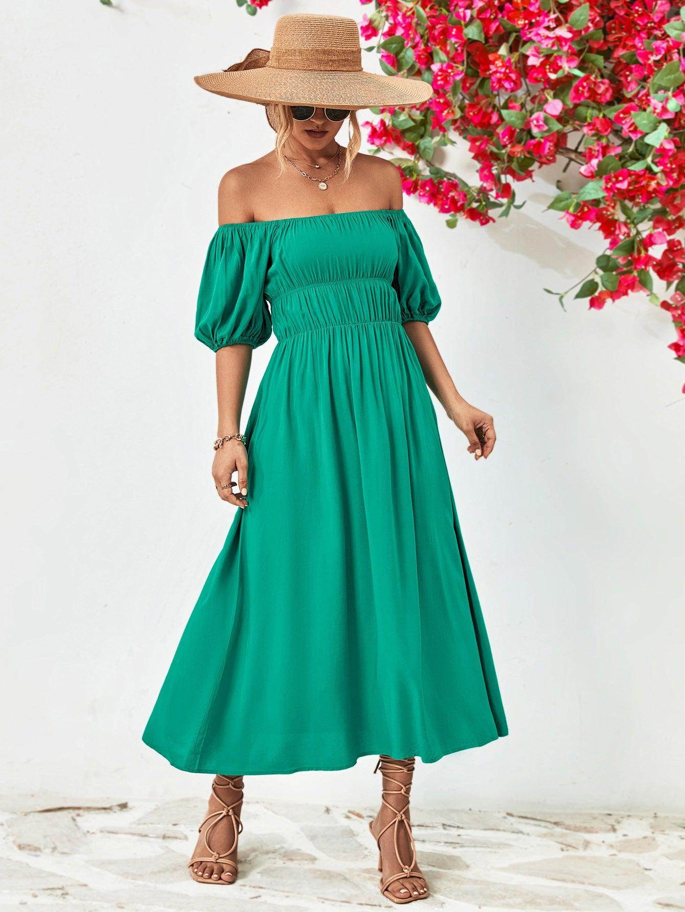Off-Shoulder Balloon Sleeve Midi Dress for Chic Style - Selvanelle