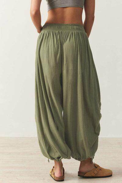 Drawstring Ruched Pants for Women in Sheer Opaque Style - Selvanelle