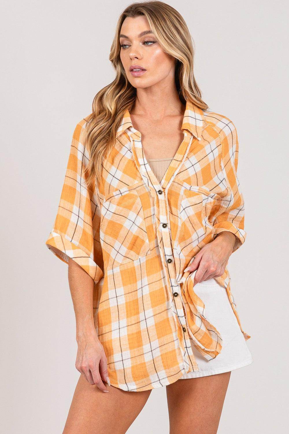 SAGE + FIG Plaid Button Up Side Slit Shirt for Women - Selvanelle