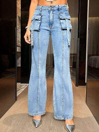 Mid Rise Straight Jeans with Cargo Pockets for Women - Selvanelle