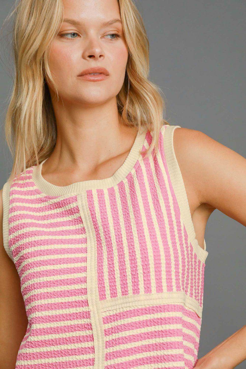 Umgee Round Neck Texture Striped Tank for Casual Style - Selvanelle