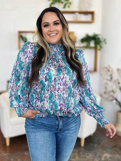 Double Take Full Size Printed Smocked Long Sleeve Blouse - Selvanelle