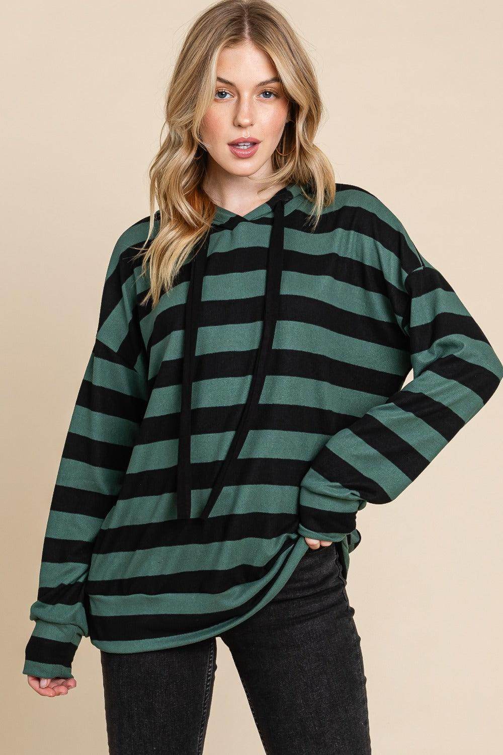 BOMBOM Drawstring Striped Dropped Shoulder Hoodie for Women - Selvanelle