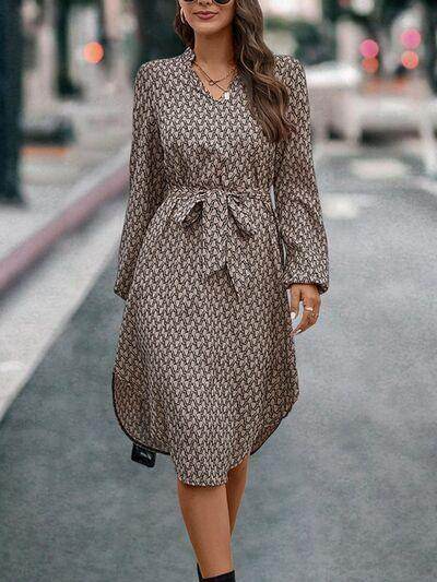 Tied Printed Notched Balloon Sleeve Dress for Women - Selvanelle