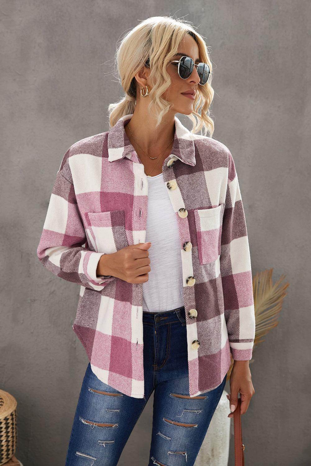 Plaid Button Up Dropped Shoulder Jacket for Women Stylish - Selvanelle