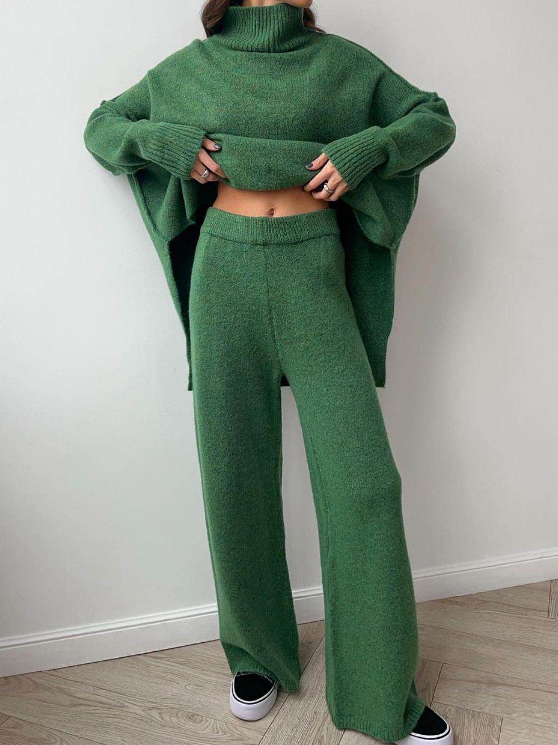 Slit Turtleneck Long Sleeve Top and Pants Sweater Set Outfit - Selvanelle