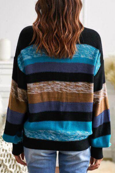 Contrast Striped Round Neck Drop Shoulder Sweater for Women - Selvanelle