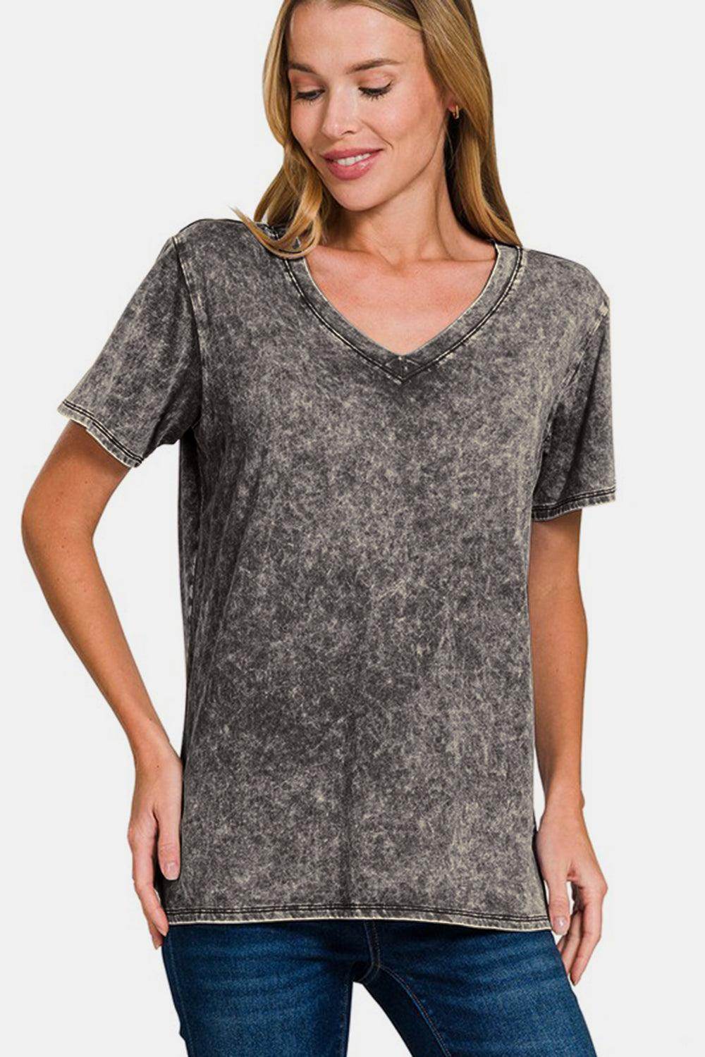Zenana Full Size Washed Short Sleeve V-Neck T-Shirt for Women - Selvanelle